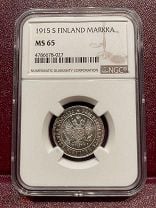 1 марка 1915 S для Финляндии. Ярчайшая! Слаб NGC MS65. Мешок