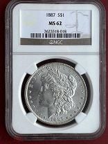 США 1 ДОЛЛАР 1887г Морган В СЛАБЕ NGC MS62 СЕРЕБРО БЛЕСК СОХРАН. Мешок