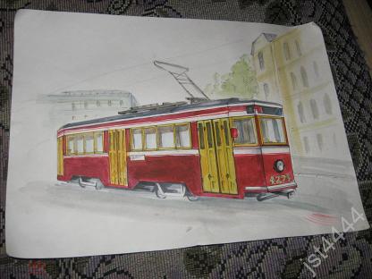 рисунок старый трамвай карандаш акварель. Размер 297х415мм.